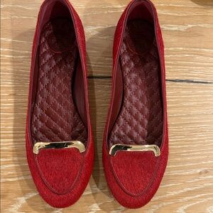 Tory Burch Haircalf Loafers Flats Red Gold Hardware Women’s Size 6